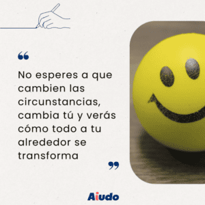 Una bola amarilla con carita sonriente y una frase positiva para reflexionar