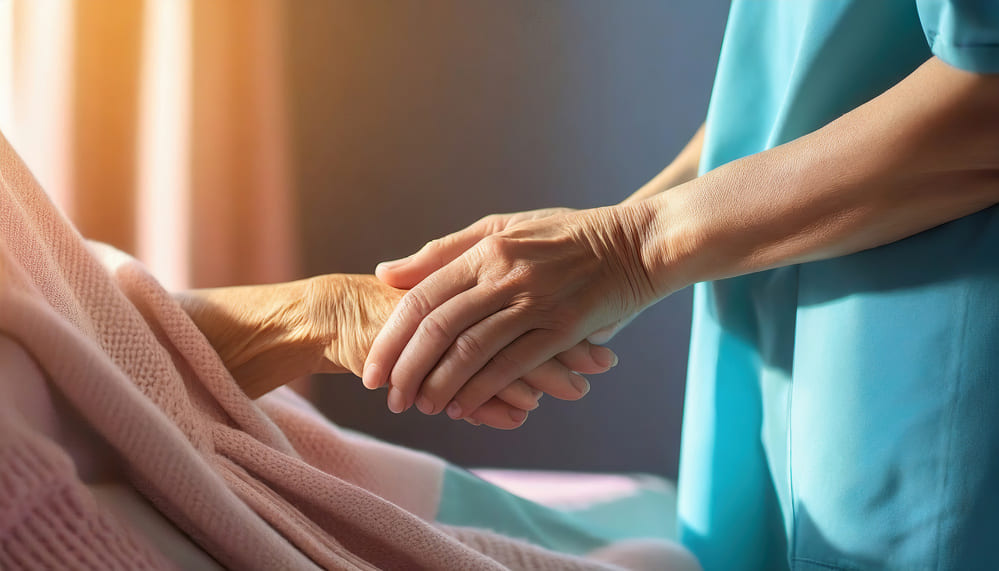 Una cuidadora coge de la mano a una anciana en un plano detalle.