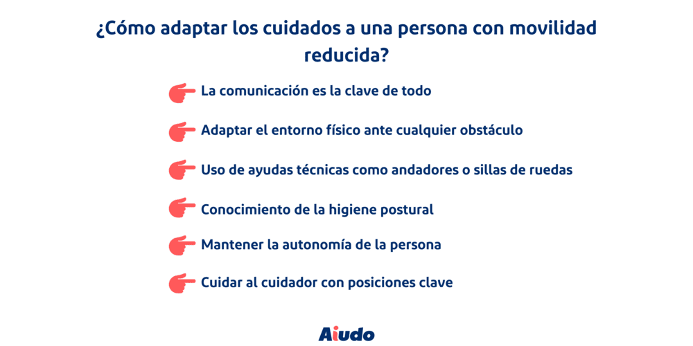 Una ilustración con bullet points que resume los consejos a adaptar para cuidar a una persona con movilidad reducida.  