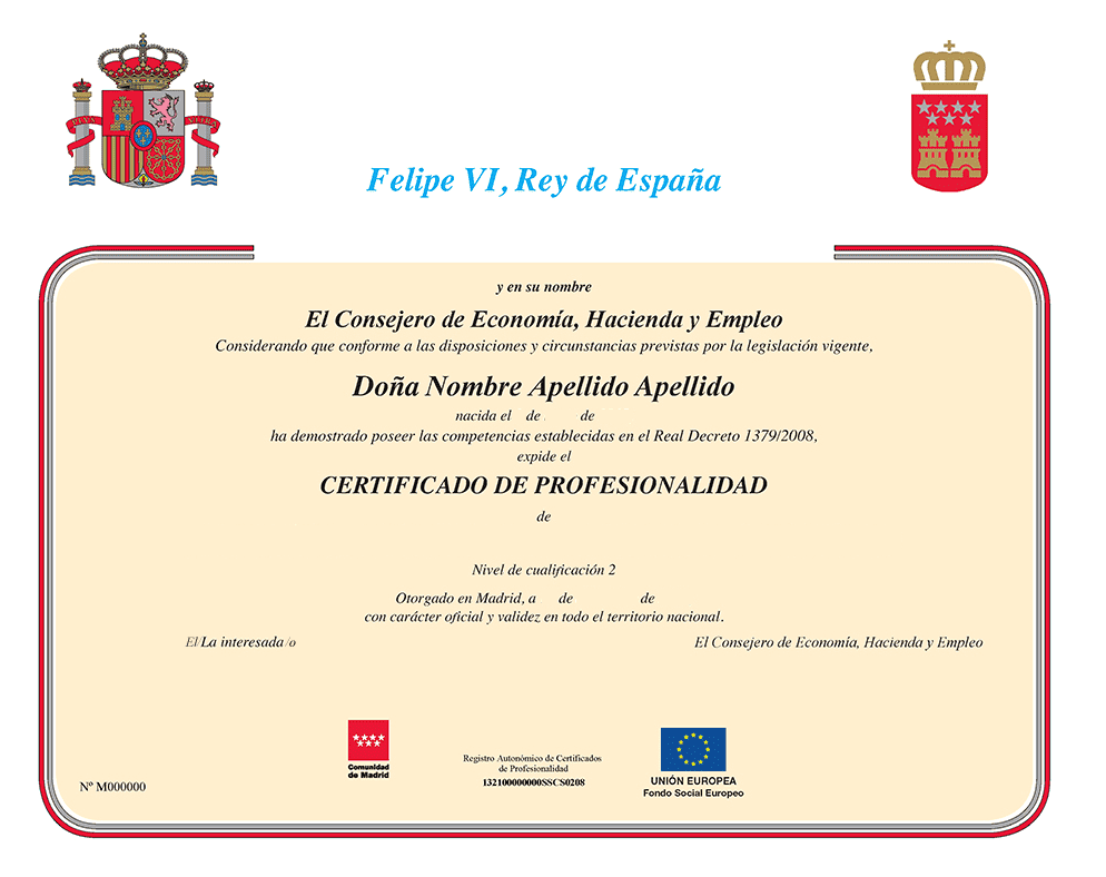 Un ejemplo de un diploma oficial en nombre del Rey Felipe VI de España, con los escudos de la Casa Real. 